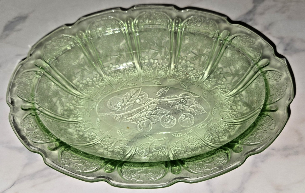 Vintage Jeanette Cherry Blossom Green Glass 9" Oval Serving Bowl - UV Glow