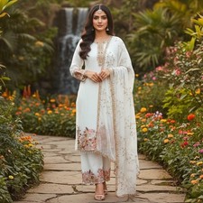 Fuax Georgette Pant Dupatta Set Indian Women's Ethnic Wear Salwar Kameez Suit M