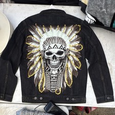 Men's Hand Beaded Denim Jacket Skull Headdress Graphic Print Back Size M