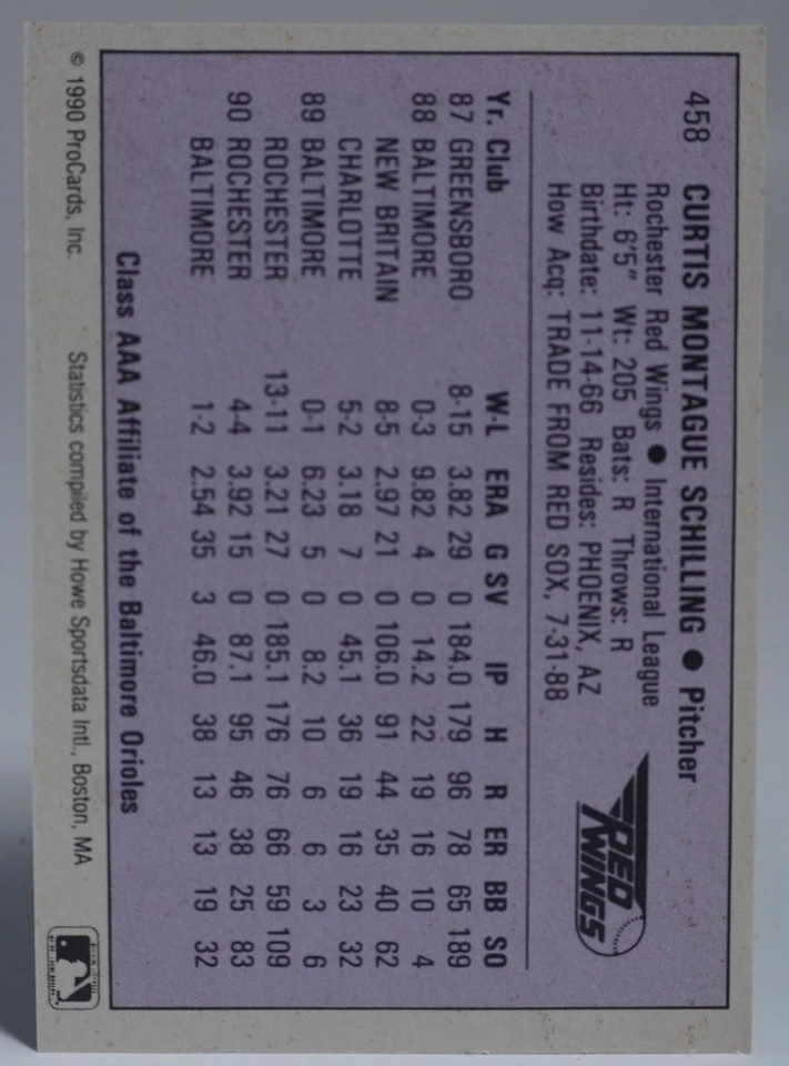 1990 PRO CARDS MINOR LEAGUE #458 CURT SCHILLING- RAW CARD - Image 2 of 2