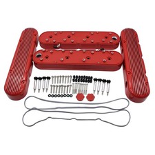 1 Set Shlpdfm Finned Gloss Red Cast Aluminum 2-piece Valve Covers Fits For Ch...