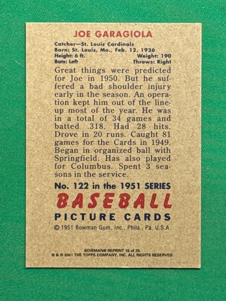 2001 Bowman Baseball Rookie Reprints 1951 #122 #16 Joe Garagiola - Image 2 of 2