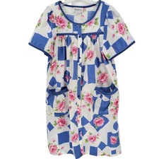 Vintage Signatures Floral Blue Geometric House Coat Dress Duster Robe Gown Med