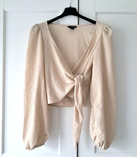 Monki Wrap Top Cream Size XS Boho Bell Sleeve Tie Front