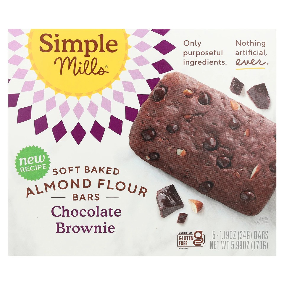 Soft Baked Almond Flour Bars, Chocolate Brownie, 5 Bars, 1.19 oz (34 g) Each