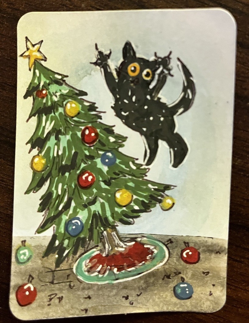 ACEO Original Funny Black Cat painting ATC OOAK Cottagecore Christmas Tree