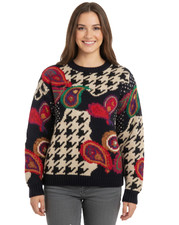 VTG 80s Knitting Needles Houndstooth Paisley Intarsia Sweater S/M Ramie Cotton