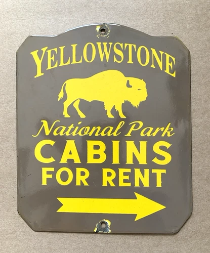 VINTAGE YELLOWSTONE NATIONAL PARK 10x8.25" PORCELAIN GAS OIL PUMP STATION SIGN