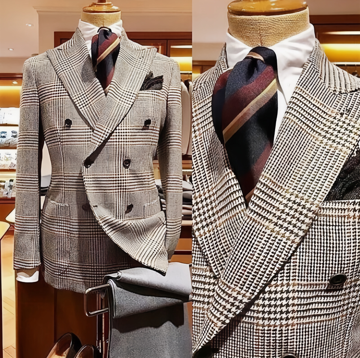 Houndstooth Men Suits Wide Peak Lapel Jacket 2 Pcs Double Breasted