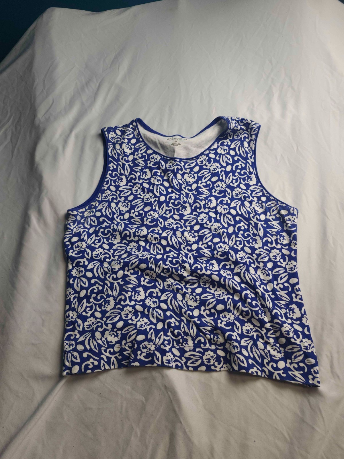 Kim By Kim Rogers Tank Top Womens Size PL Blue Floral Scoop Neck Sleeveless