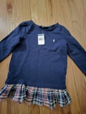 New Polo Ralph Lauren Kid Madras Skirt Fleece Navy Top Plaid Top/Dress Sz 6X