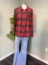 Red Plaid Sleeve Sz L Button Up Shirt Blouse Flannel