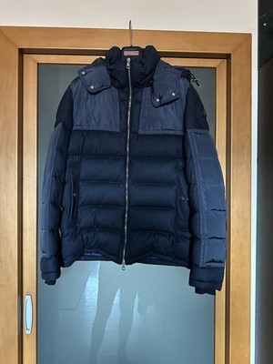 Moncler Severac Herren Daunenjacke L Blau mit Kapuze Zip Logo Taschen