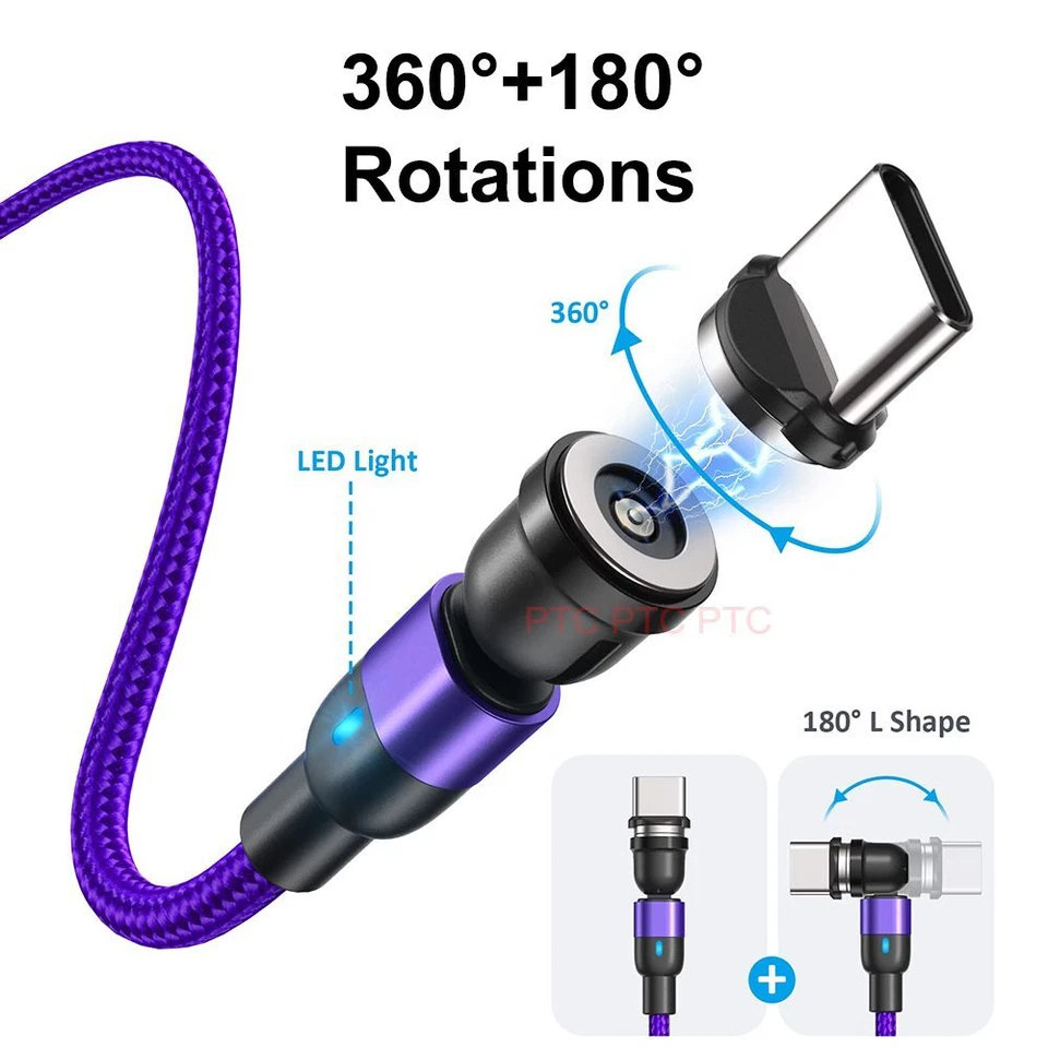 Magnetic 540 Fast Charging Cable Phone Charger For Type-C Micro USB iPhone 3in1 - image 2 of 4