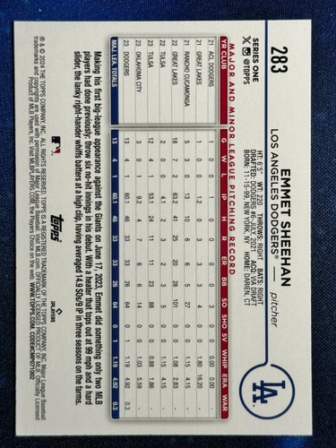 2024 Topps Baseball Rookie (RC) #283 Emmet Sheehan Los Angeles Dodgers - Bild 2 von 2