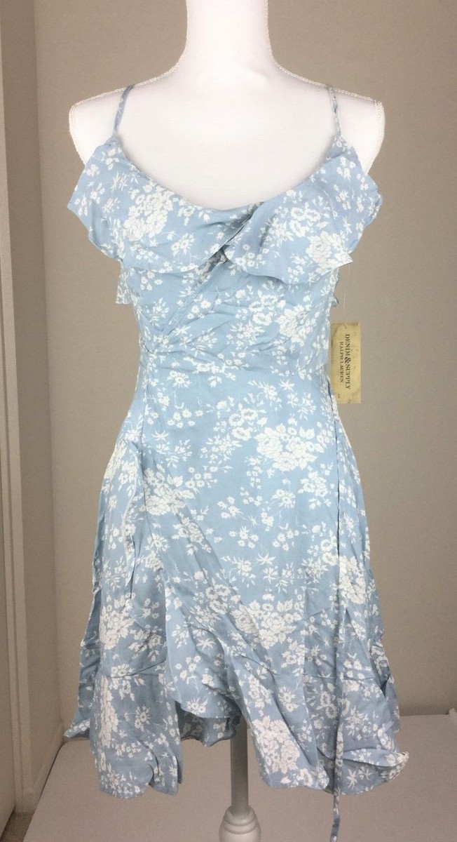 Denim & Supply Ralph Lauren Women Viscose Flounce Floral Wrap Dress Blue L
