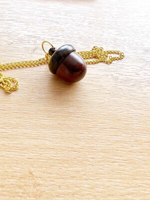 Acorn Autumn Wood Locket Screw Top Gold Tone Necklace