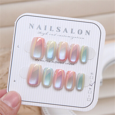 Coffin Short Press-On Fake Nail Colorful Mirror Aurora Cat's Eye Manicure 10PCS