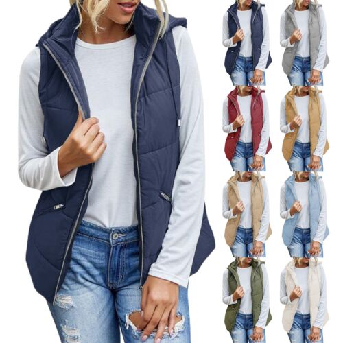 Women's Lightweight Zip Up Hooded Vest Sleeveless Quilted Jacket With Pockets