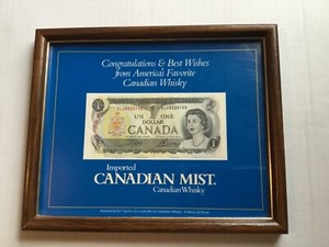 Vtg Canadian Mist Whisky Sign Congrats & Best Wishes 1973 $1 Dollar Bill Framed