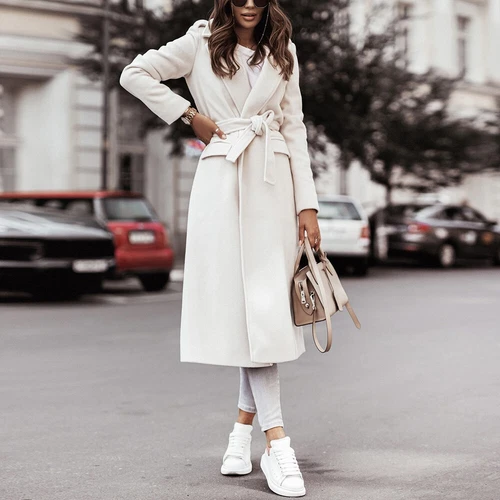 Women Trench Jacket Winter Long Windproof Lapel Belted Overcoat Outwear Coat - Bild 14 von 20