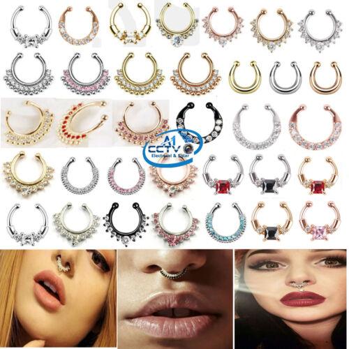 Fake Crystal Non-Piercing Nose Ring Body Jewellery Women Clip-On Spring Action - Picture 1 of 49