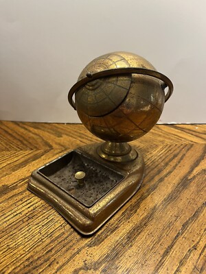 Vintage Mid Century Art Deco Brass Globe Ashtray Cigarette Holder Table Top 