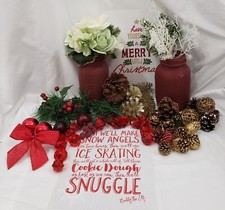Winter Christmas CRAFT BUNDLE LOT pinecones, jars, pine picks, gems, roses, sign