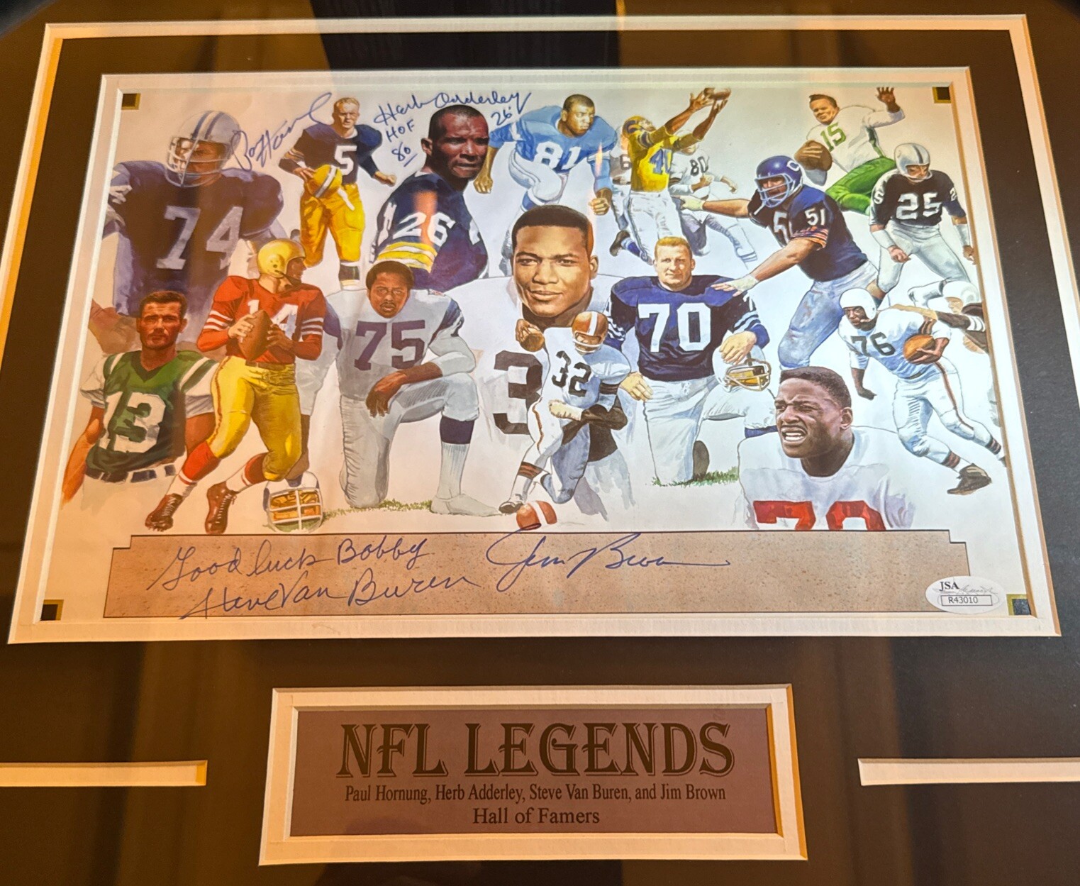 Jim Brown/Paul Hornung/Herb Adderly/Steve Van Buren Autographed Signed Cleveland Browns Jim Brown Auto Collage JSA 4 HOFERs Hornung/Adderly 