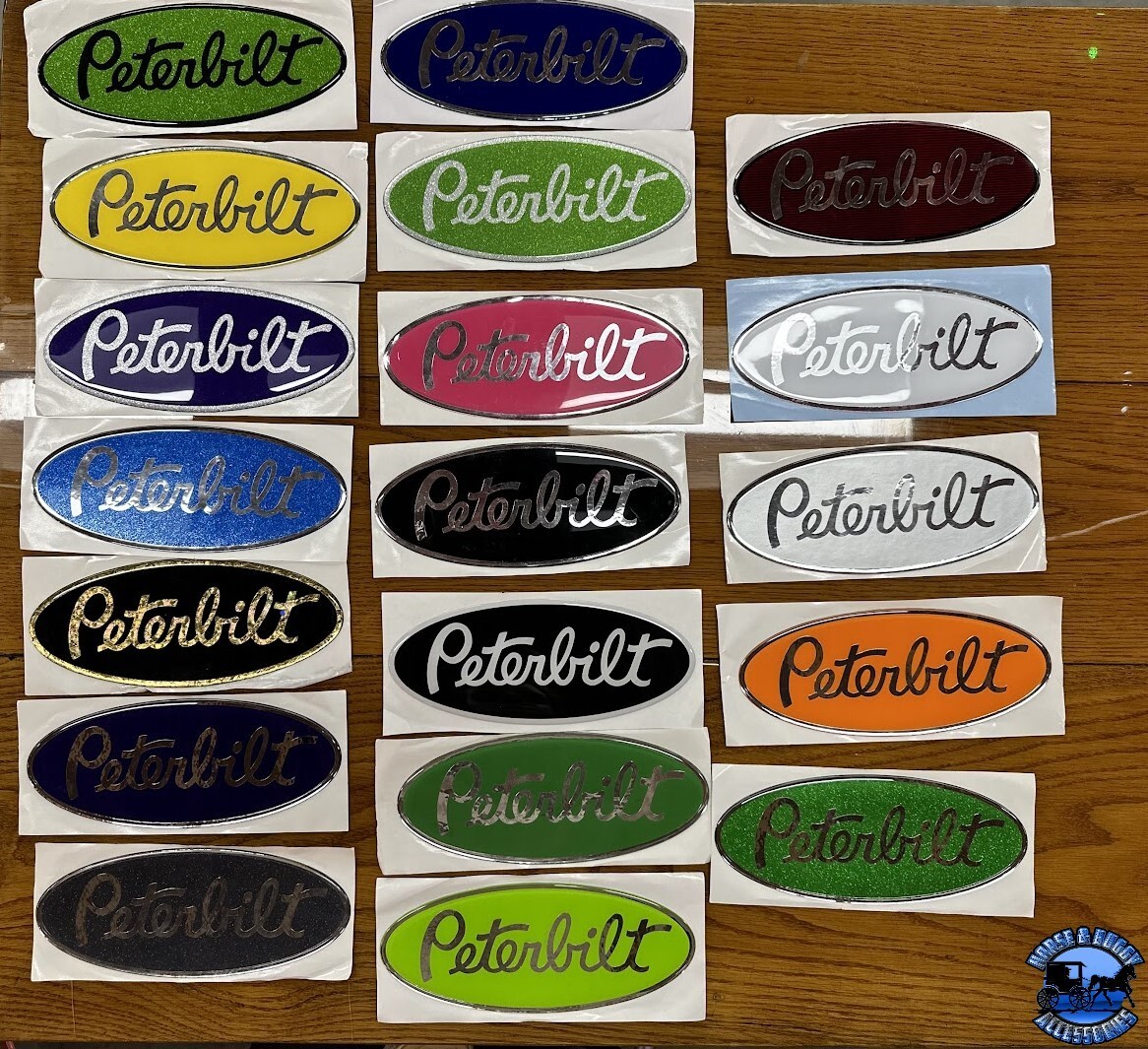 Yellow/Chrome OEM replacement Peterbilt decal emblem genuine size & fit stick