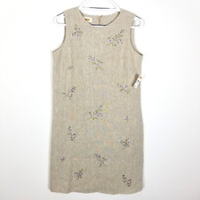 Talbots Women 100% Linen Floral Embroidered Dress Size 8 Gray Sleeveless Shift