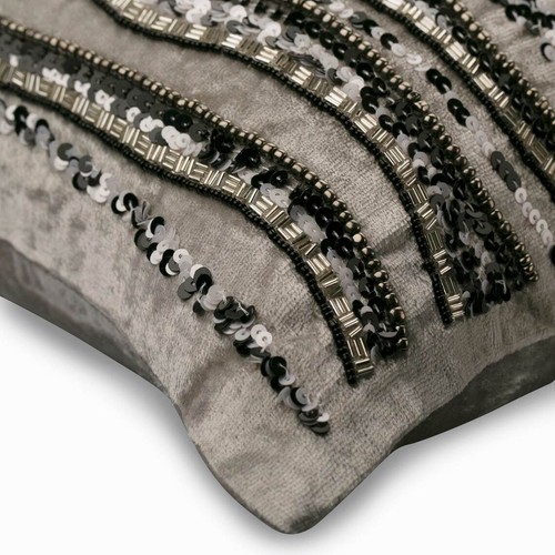 Pillow Case Grey 16"x16", Square Velvet Beaded Sequins - Underground Stripe - Picture 2 of 3