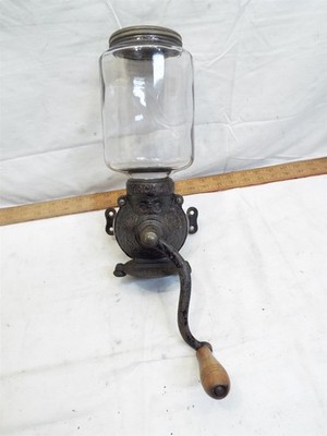 Vintage Arcade Crystal Glass Jar Hopper Wall Mount Coffee Grinder Mill Cast Iron