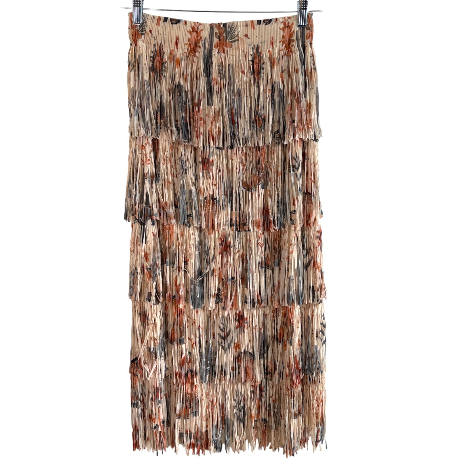 Western Print Tiered Fringe Midi Skirt Sz S-M Festival Coachella Statement Boho