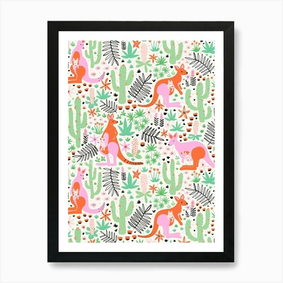 Kangaroos in a Cactus Jungle Red, P Framed Wall Art Poster Canvas Print Picture