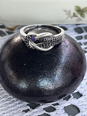 Crisscross Buckle Knot 925 Silver Ring Round Millie Black Diamonds Size 8