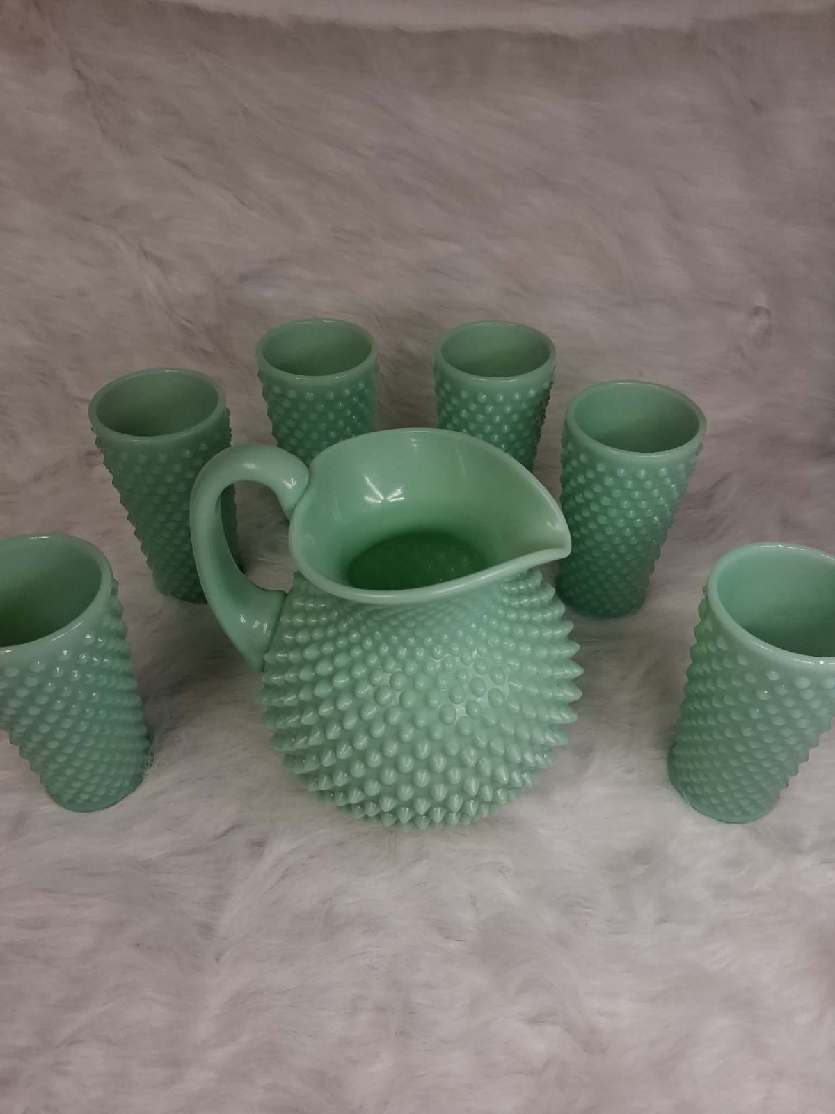 Mosser Jade Jadeite Green Gigi Glass Hobnail Water Set Ball Pitcher & 6 Tumblers