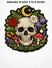 Embroidered Skull Floral Moon Iron-On Patch 3-8in Gothic Nature Badge