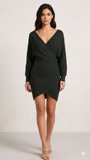 Love Tree Deep V Dark Green Dolman Sleeves Surplice Bodycon Sweater Dress Size L