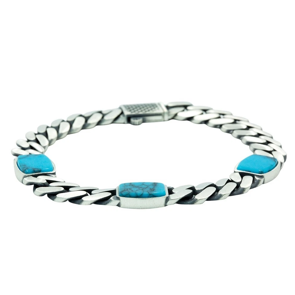 Men's Turquoise Gemstone 925 Sterling Silver 10mm Curb Chain Link Bracelet - Image 2 of 4