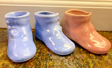 3 Vintage Ceramic Baby Booties Shoes Planters, Pair of Blue and one Pink USA
