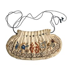 SMALL ANTIQUE CHINESE EMBROIDERED SILK RUYI AUSPICIOUS SYMBOL PLEATED BAG PURSE