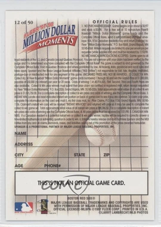 1997-98 Fleer Million Dollar Moments Redemption Back Roger Clemens #12 - Image 2 of 2