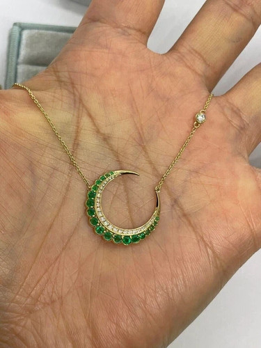 0.30Ct Round Lab Created Emerald Crescent Moon Pendant 14K Yellow Gold Plated