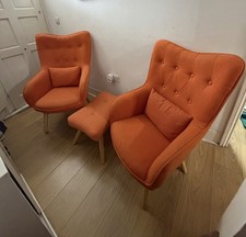 2 X Soft Linen Wingback Lounge Chairs and One Footstool