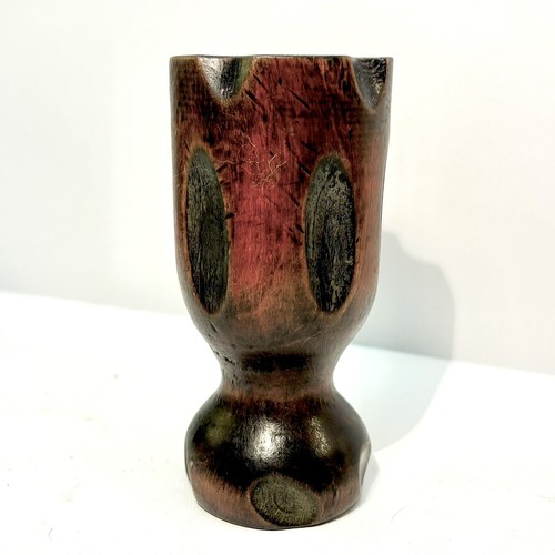Vintage Hand Turned Dark Wood Goblet Cup Vase with Carved Thumbprints Home Decor