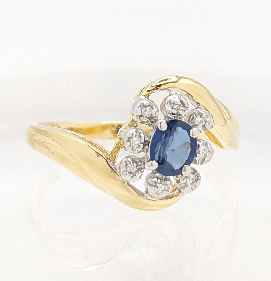 10K 2.5g Yellow Gold Blue Sapphire Diamond Halo Bypass Ring Swirl Band Size-7 - Image 3 of 4