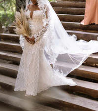 Sexy Women Wedding Dress White Lace Long Dress Deep V-neck Long Mesh Lace Sleeve