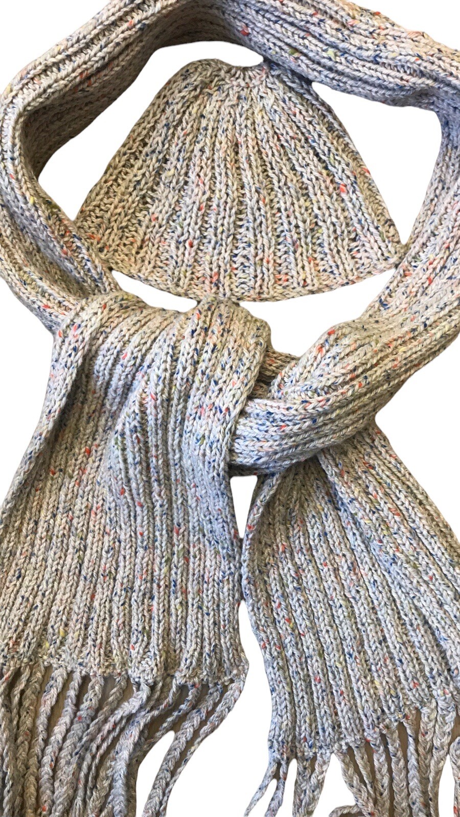 PRIMARK Ladies Hat and Scarf Set Wool Beige Yellow Blue Red Fleck Warm