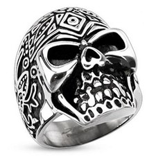 Decorated Day of the Dead Sugar Skull Wide Cast Ring Stainless Steel Size 9-13